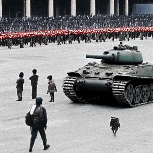 Prompt: minions driving a tank at tiananman square massacre, historical photo, restored, riot