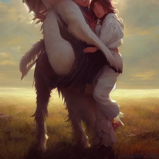 Prompt: a person hugging a large white animal, a detailed painting by krenz cushart, pixiv contest winner, fantasy art, official art, detailed painting, pixiv. highly detailed. 4 k masterpiece. photo realistic. realism. photorealism wideshot