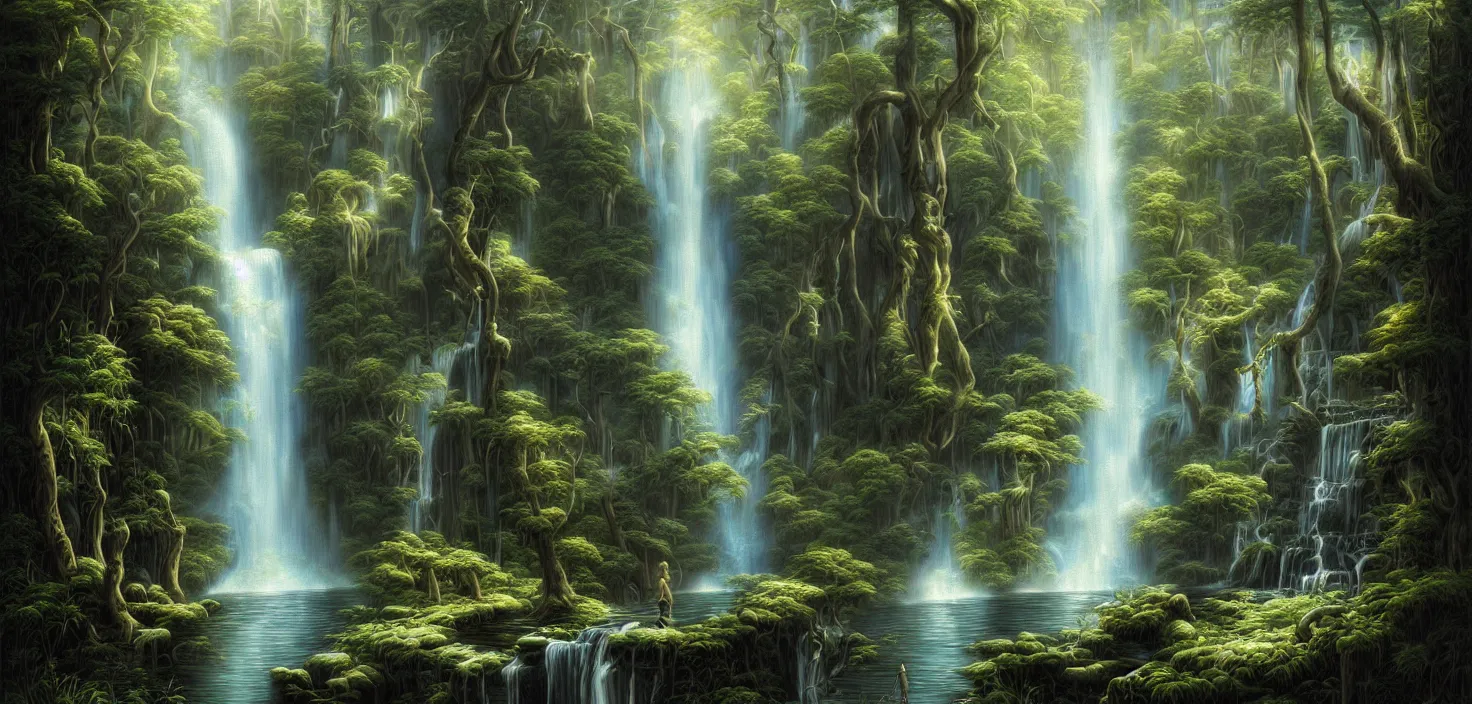 Image similar to a painting of a waterfall in a random forest, a detailed matte painting by todd lockwood, deviantart, fantasy art, matte painting, matte drawing, airbrush art