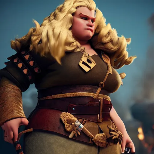 Image similar to a handsome corpulent viking girl with blond hair, clash royal style characters, unreal engine 5, octane render, detailed, cinematografic, cinema 4 d