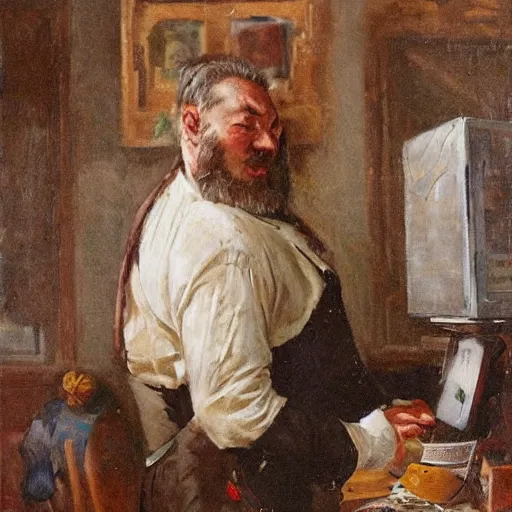 Image similar to an angry man yells at his computer monitor, oil on canvas, 1 8 8 3, highly detailed