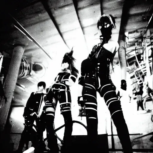 Image similar to electropunk cybergoth band performing in a vast underground bunker, berlin 1 9 8 2, grainy high contrast black and white