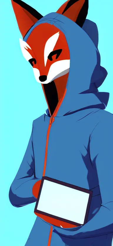 Prompt: a concept art of anthropomorphic fox in a blue hoodie hacking a portable computer, artstation, digital art, oc commission, style by studio trigger