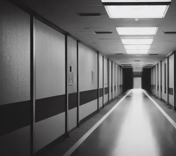 Image similar to spooky photo of an infinite hallway with open lit doorways all the way down, dramatic lighting, smoke, ceiling fluorescent lighting