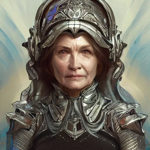 Prompt: portrait of an pretty old woman in a platinum armor, intricate, headshot, highly detailed, digital painting, artstation, concept art, sharp focus, cinematic lighting, illustration, art by artgerm and greg rutkowski, alphonse mucha, cgsociety