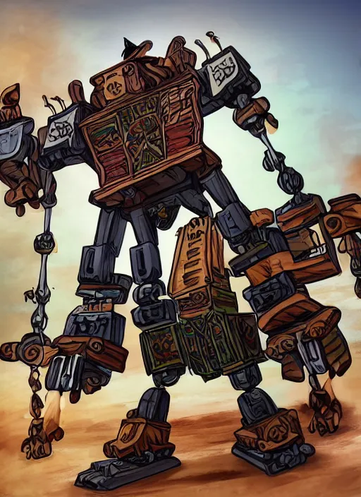 Prompt: A bearded pirate driving a giant wooden bipedal autobot transformer made out of pirate ship, mech suit, canons on arms, wooden mast for legs, sails, digital art
