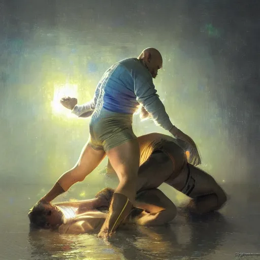 Image similar to bald wrestler breaking blonde wrestler's back, radiant light, caustics, heroic, bright iridescent light, by gaston bussiere, bayard wu, greg rutkowski, maxim verehin, epic wrestling combat, legendary