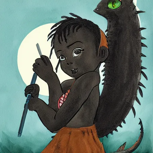 Prompt: Dark skinned girl pets Chibi Godzilla, painting