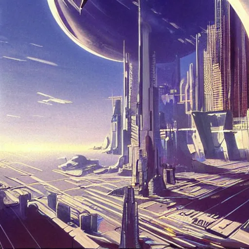 Image similar to aerial view of a science-fiction cityscape, cinematic angle, cinematic lighting, blue sky, sun in the sky, by Syd Mead, John Harris, Federico Pelat