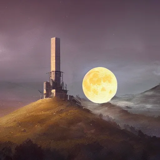 Image similar to Mountain covered with mist and radio tower on top of it, yellow moon directly behind. highly detailed art of Greg Rutkowski, night setting, 4k artsrstion trending
