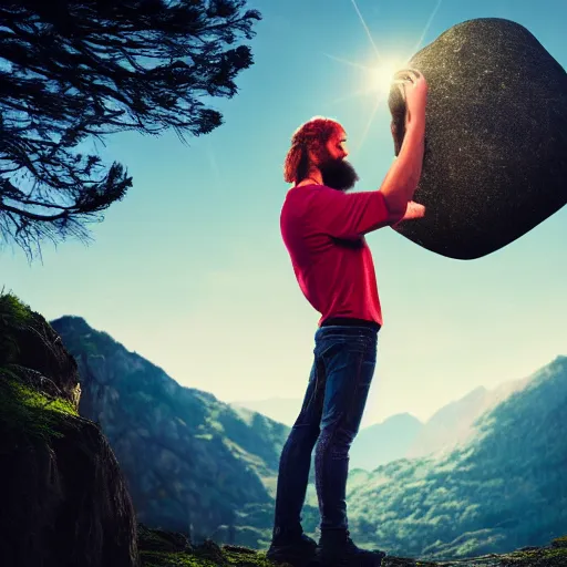 Image similar to a man holding a boulder over his head, backlit, fantasy art, bulging veins, long beard, red hair, mountains in the background