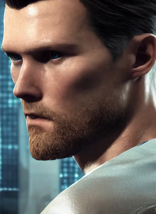 Prompt: photorealistic portrait photograph of connor cyberlife looking at you with a serious somber expression, detroit become human, handsome, depth of field, soft focus, highly detailed, intricate, realistic, national geographic cover, soft glow, textured skin