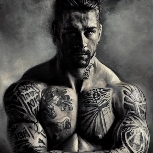 Prompt: handsome portrait of a wrestler guy bodybuilder posing, war hero, wearing singlet, intricate tattoos, radiant light, caustics, by gaston bussiere, bayard wu, greg rutkowski, giger, maxim verehin