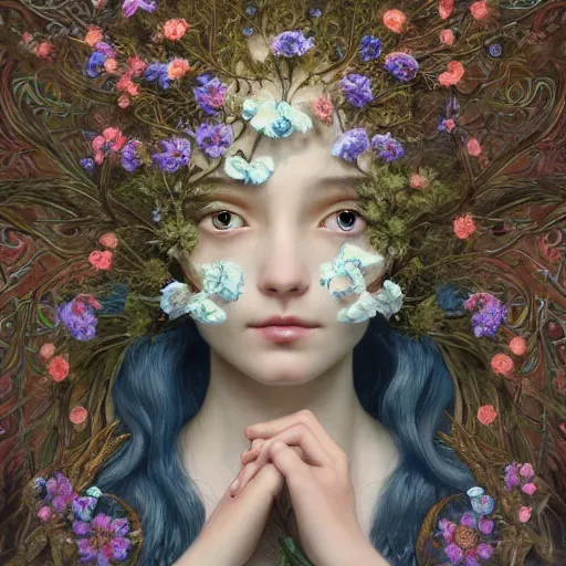 Image similar to breathtaking detailed concept art painting of the goddess of nemophila flowers, orthodox saint, with anxious, piercing eyes, ornate background, amalgamation of leaves and flowers, by Hsiao-Ron Cheng, James jean, Miho Hirano, Hayao Miyazaki, extremely moody lighting, 8K