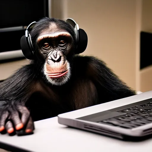 Prompt: a chimpanzee with headphones on his head sits on a chair and looks at the computer holding the mouse, fujifilm