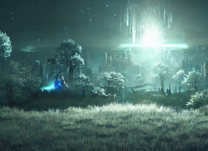 Prompt: scenery artwork, scene luminous, bioluminescent acrylic and cold nier automata pixiv scenery artwork : nature dream wire vegetation magic density infinite, macro seminal dream points of icy, frozen vaporwave shards tempted to turn into a dream scenery, high quality topical render, nier automata, concept art