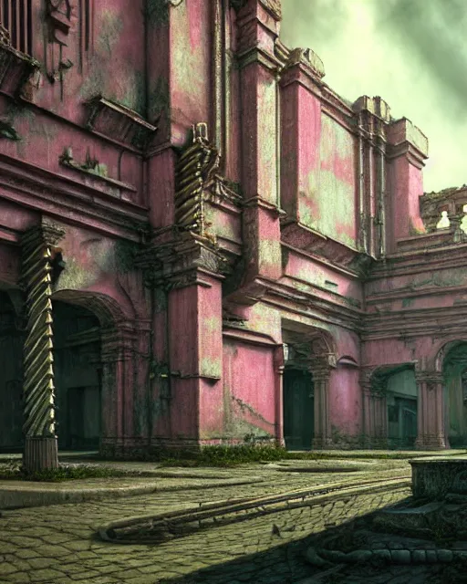 Image similar to hyperrealistic 3d render highly detailed baroque mecha iridescent pink brutalist city ruins background concept art unreal engine!! santiago caruso de chirico sharp very dramatic green light 8k low angle shallow depth of field