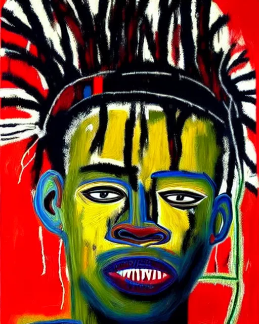 Image similar to stunning realistic portrait painting of a african warrior by jean - michel basquiat