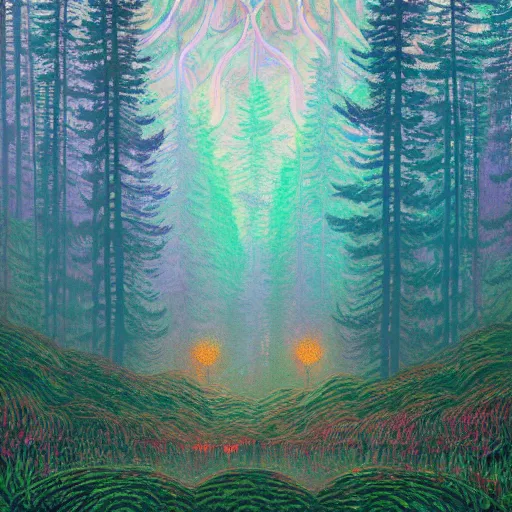 Image similar to A magical forest by Dan Mumford, Simon Stålenhag and Claude Monet