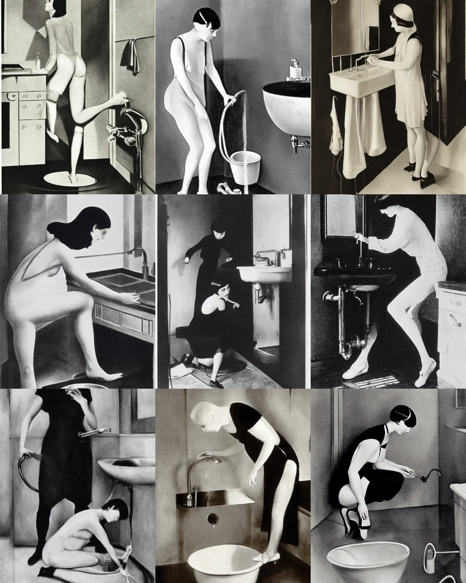 Prompt: mary louise brooks fixing a leaking sink, puddle of water on the floor, by ross tran, 1 9 2 0 s