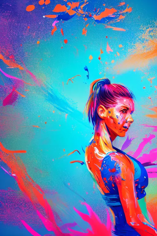 Image similar to a award winning half body portrait of a beautiful woman in a croptop and cargo pants with ombre orange blue teal hairstyle with head in motion and hair flying, paint splashes, splatter, outrun, vaporware, shaded flat illustration, digital art, trending on artstation, highly detailed, fine detail, intricate