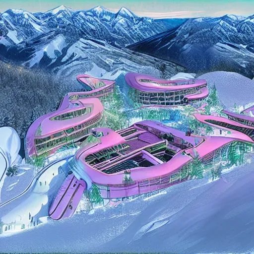 Prompt: iridescent ski resort, concept art, architecture plans