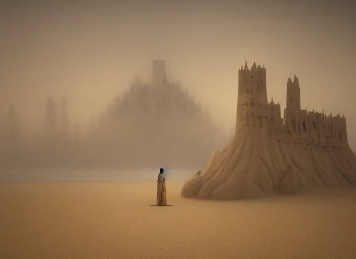 Prompt: a sand castle in a foggy desert, by jean delville and sophie anderson and mandy jurgens and jean - auguste - dominique ingres, moody atmosphere, cinematic atmospheric, cinematic lighting, golden ratio, perfect composition, elegant, no crop, extremely detailed, 8 k, sharp focus, masterpiece, trending on artstation, octane render,