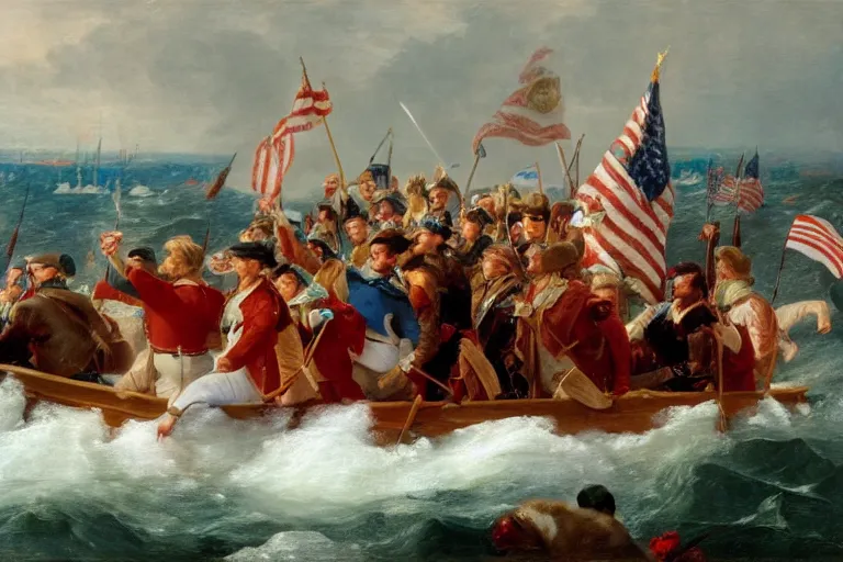 Image similar to Donald Trump crossing the delaware there is an arbys sign in the background by Emanuel Leutze