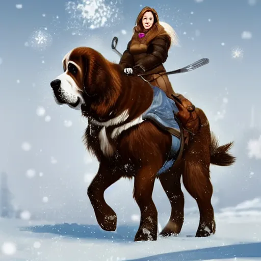 Image similar to girl riding giant saint bernard in the snow, trending on artstation