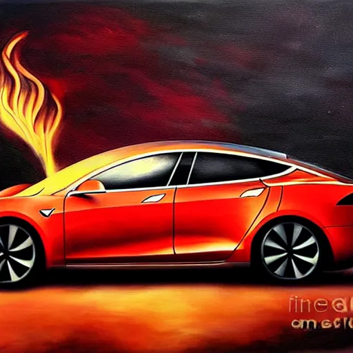 Image similar to a beautiful complex painting of a tesla on fire