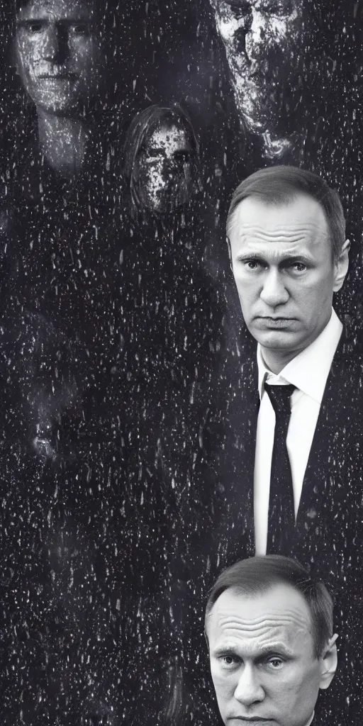 Prompt: alexei navalny with vladimir putin together, dark gloomy church, midnight, moon, horror, thunder sky, rain, sadness, depression, fog, darkness, marvel movie