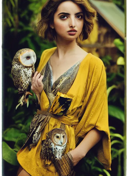 Prompt: grainy head to shoulder portrait Polaroid film photograph of Ana de Armas wearing a yellow kimono with a very detailed barn owl on her shoulder!!! in a tropical greenhouse. looking at the camera!!. super resolution. Extremely detailed. Polaroid 600 film. by Annie Leibovitz and Richard Avedon.