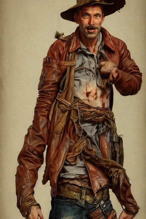 Image similar to character design, portrait of a gaunt 40's adventurer, unshaven, optimistic, stained dirty clothing, straw hat, riding boots, red t-shirt, dusty rown bomber leather jacket, concept art, photorealistic, hyperdetailed, 3d rendering! , art by Leyendecker and frazetta!,