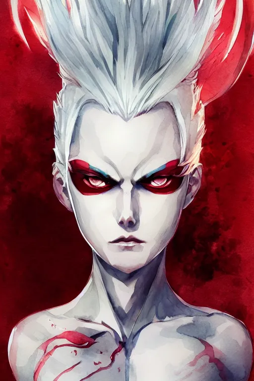 Prompt: Full body Portrait of young, evil anime villain with white hair and dark red eyes\', full of details, watercolor painting, concept art, smooth, by Ina Wong and wlop ，trending on cgsociety and artstation，8kHDR，light effect