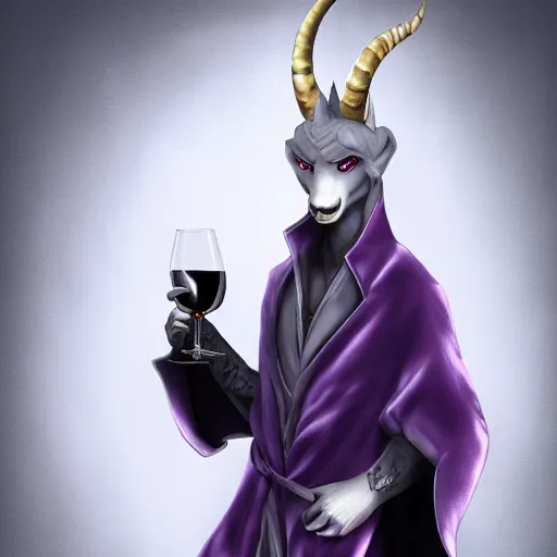 Prompt: young male anthro dragon, glistening silvery light grey color, glowing eyes, wearing a luxurious velvet robe, holding a glass of wine, commission on furaffinity, artstation, high quality highly detailed digital art