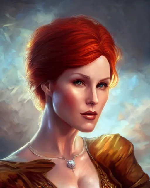 Prompt: a stunning portrait of triss merigold as queen, digital art by julie bell and artgerm and ross tran and angel ganev, medium shot portrait, highly detailed, trending on artstationhq