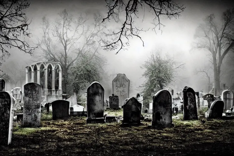 Image similar to spooky graveyard, broken tombstones, marble crypt, zombie hand bursting out of the ground, foggy moonlit night, dark soil, overgrown trees, gothic architecture, rusted iron fencing, high resolution photograph, faded colors, deviantart