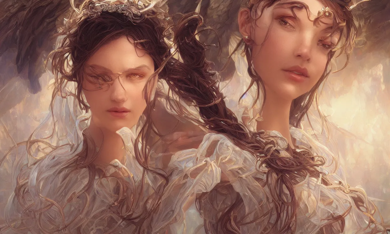 Image similar to close up portrait of beautiful angel, d & d, face, fantasy, intricate, elegant, highly detailed, digital painting, artstation, concept art, smooth, sharp focus, illustration, art by artgerm and greg rutkowski and alphonse mucha