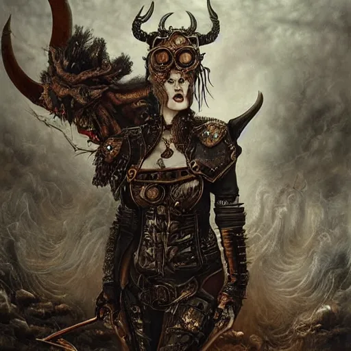 Prompt: a hyperrealistic portrait painting of a beautiful woman with demonic horns wearing steampunk goggles and ornate leather armor, walking into battle against an immense demonic army, by santiago caruso, highly detailed,