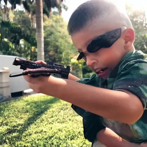 Image similar to a kid playing with A miniature Dwayne Johnson with toy guns