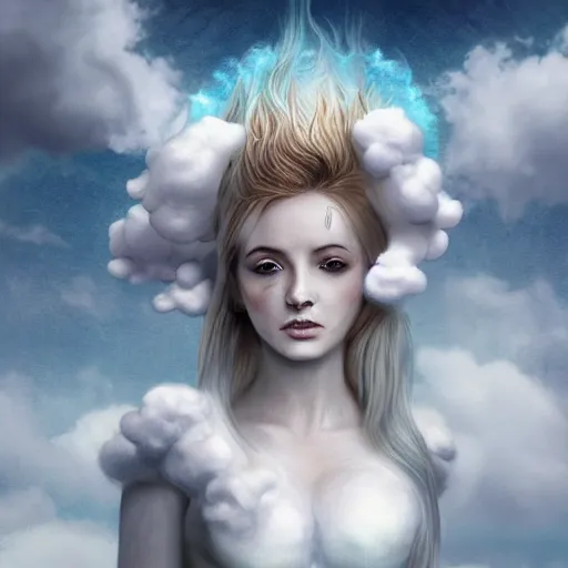 Image similar to goddess wearing a cloud fashion on the clouds, photoshop, colossal, creative, albino skin, giant, digital art, photo manipulation, clouds, covered in clouds, girl clouds, on clouds, covered by clouds, a mini airplane flying, white hair, digital painting, artstation, deviantart