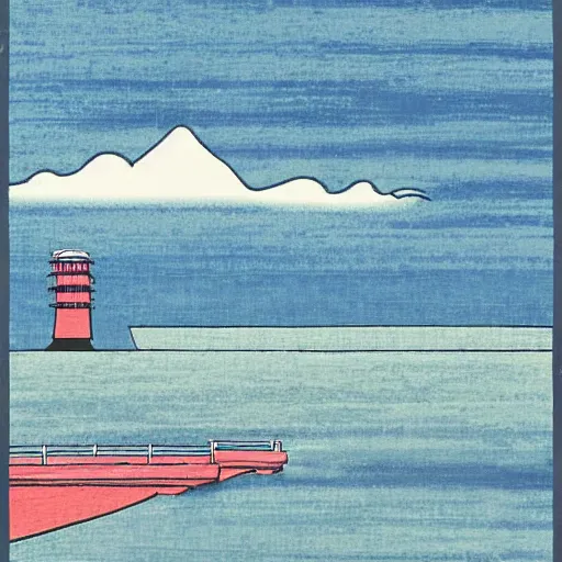 Image similar to “ west pier in brighton in the style of a woodblock print by the japanese ukiyo - e artist hokusai ”