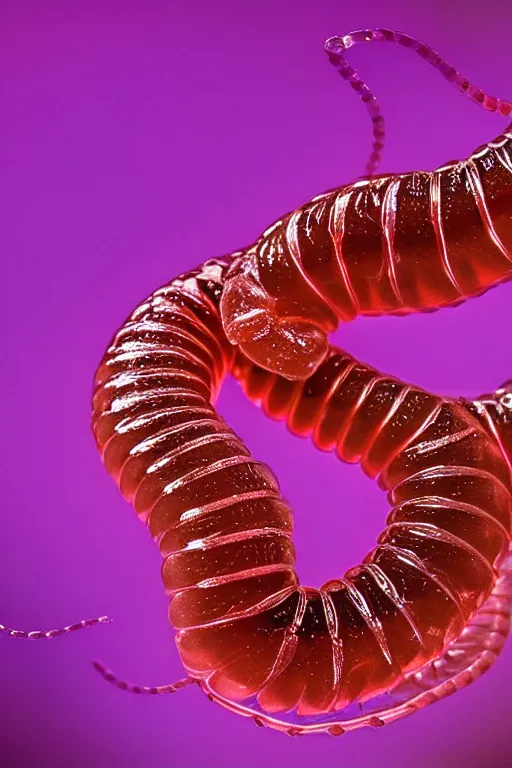 Image similar to high quality close-up photo translucent gelatinous centipede! gorgeous highly detailed hannah yata elson peter cinematic purple lighting high quality low angle hd 8k sharp shallow depth of field