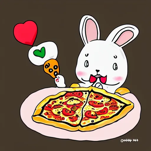 Image similar to cute bunny is eating pizza, digital art