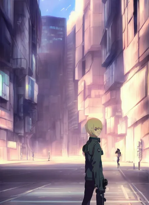 Image similar to beautiful blonde soldier boy at a futuristic city street by makoto shinkai