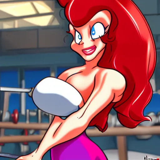 Image similar to jessica rabbit working out in a fintess gym, hd, anime, detailed