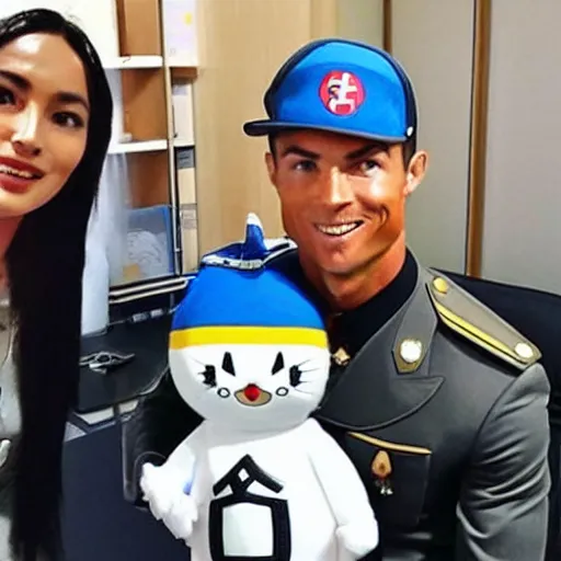 Image similar to cristiano ronaldo wearing a nazi uniform hanging with doraemon in japan