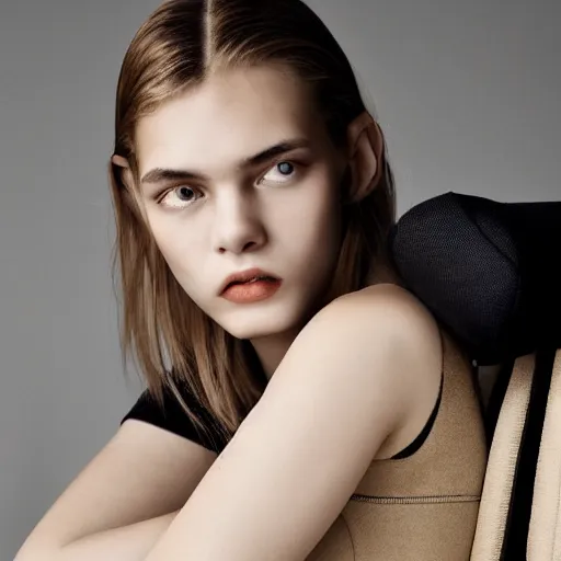 Image similar to close up of face of female fashion model sitting on chair, beige colors, official jil sander editorial