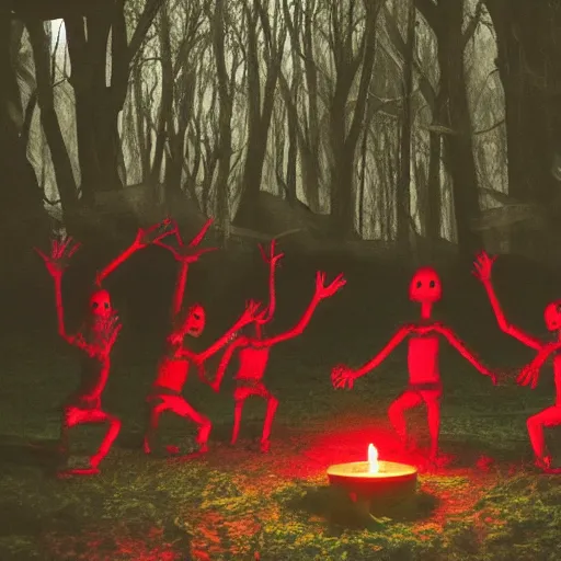 Image similar to a cult of aliens with glowing red eyes performing a séance in a haunted forest