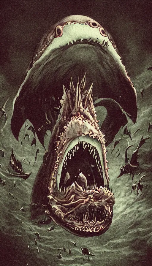 Prompt: a color pentax photograph of a monstrous horror whale, sharp teeth, giant mouth, dark fantasy horror art